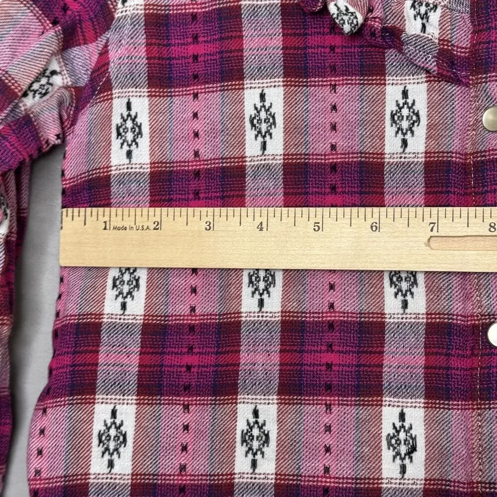 Wrangler Shirt Girls XXL Pink Plaid Western Pearl Snap Long Sleeve Ruffle Trim